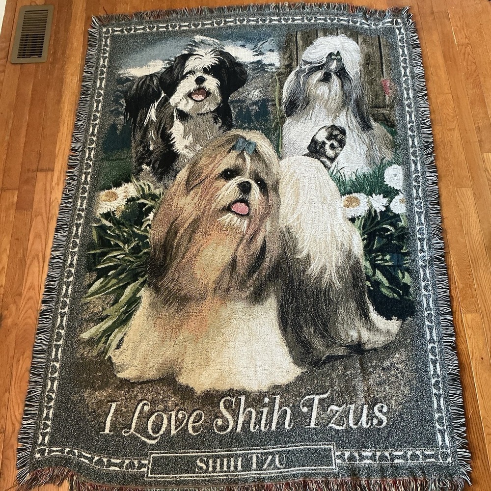 Danbury Mint I Love Shih-Tzu's Dogs Tapestry Throw Blanket Wall Hanging 48 X 67